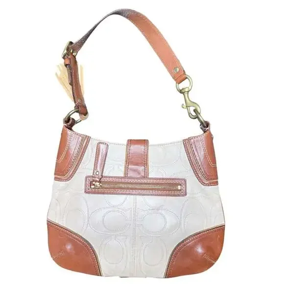 Coach Hamptons Collection Signature Embossed Leather Medium Hobo Bag Brown Cream - Picture 2 of 6